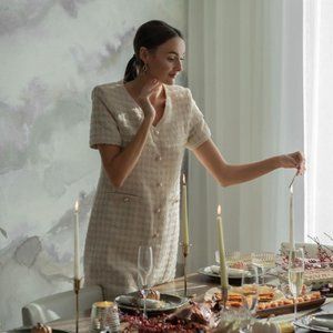 Urban Revivo Pale Lemon Houndstooth Luxury Dress Size 4 Pearl Buttons Inspired